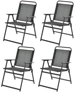 Outdoor Folding Chairs Set of 4 with Breathable Seat and Cozy Armrests-Black