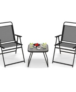 3 Piece Patio Folding Conversation Set for Backyard, Poolside, Balcony-Black