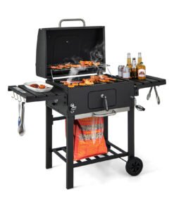 Charcoal BBQ Grill with Foldable Side Tables Hooks and Wheels