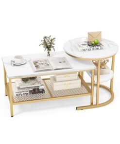 Set of 2 Nesting Coffee Table with Extra Storage Shelf-Golden