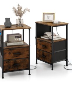 2-Piece Nightstand with Charging Station with USB Ports and Socket Outlets-Rustic Brown