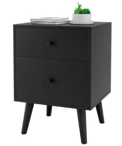 2-Drawer Nightstand with Solid Rubber Wood Legs and Large Storage Space-Black