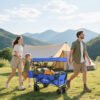 Outsunny Folding Trolley Cart Storage Wagon Beach Trailer 4 Wheels with Handle Overhead Canopy Cart Push Pull for Camping, Blue