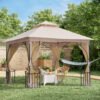 Outsunny 3 x 3(m) Garden Gazebo Patio Party Tent Shelter Outdoor Canopy Double Tier Sun Shade Metal Frame Netting, Beige