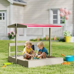 Outsunny Kids Wooden Sandbox w/ Canopy, Kitchen Toys, Seat, Storage, for Ages 3-7 Years