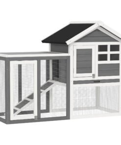 PawHut Rabbit Hutch Outdoor Wooden Guinea Pig Hutch Rabbit Run Bunny Cage Small Animal House Pull-Out Tray, Grey, 122 x 62.6 x 92 cm