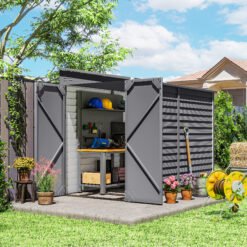 Outsunny 5 x 9ft Galvanised Metal Garden Shed with Foundation Kit, Outdoor Lean-to Shed, Tool Storage House with Lockable Doors, Gloves and 2 Air Vents for Patio, Garden, Grey