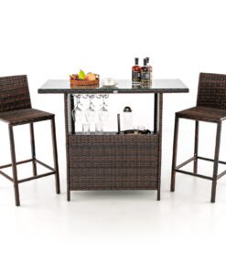 3 Pieces Patio Wicker Bar Height Table and Chair Set with 3 rows stemware racks