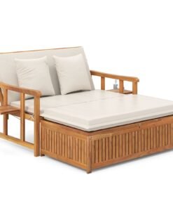 Outdoor Daybed Acacia Wood Loveseat with Storage Ottoman and Cushions-White