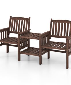 Outdoor Fir Wood Loveseat with 2-Tier Side Table and Umbrella Hole-Brown