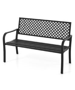 2-Person Metal Garden Bench with Slatted Seat and Backrest-Black