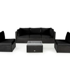 6 Piece Outdoor Rattan Sofa Set with Soft Seat and Back Cushions-Black