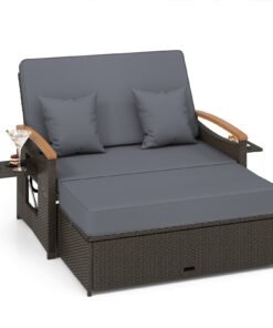 Outdoor Wicker Daybed Rattan Woven Loveseat with Storage Ottoman-Grey