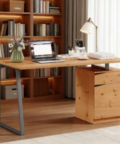 HOMCOM Computer Desk, Writing Desk with Cabinet, Drawer, Metal Legs, Work Table for Home Office Study, Natural Wood Finish