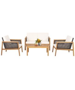 4-Piece Patio Acacia Wood Furniture Set with Removable Cushions-White