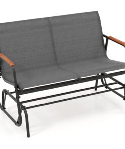 2-Person Patio Glider Bench with Curved Teak Armrests and Breathable Fabric Seat-Grey