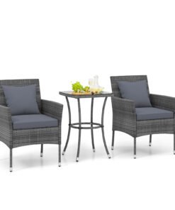 3-Piece Patio PE Wicker Conversation Bistro Set with Tempered Glass Tabletop-Grey