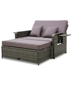 Patio Rattan Daybed Set with Multipurpose Ottoman and Retractable Side Tray-Grey