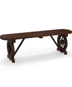 2-Seat Patio Wood Bench with Wagon Wheel Base and Slatted Seat