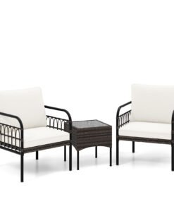 3 Pieces Patio Wicker Furniture Set with Cushioned Chairs and Tempered Glass Coffee Table-White