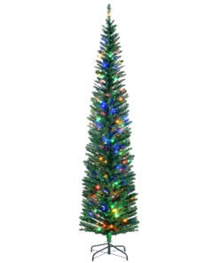 HOMCOM 7.5' Artificial Prelit Christmas Trees Holiday Décor with Colourful LED Lights, Pencil Shape, Steel Base