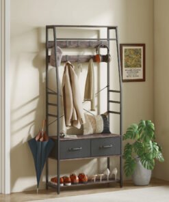 HOMCOM Coat Rack with Shoe Storage, Hall Tree, Industrial Coat Stand with Shoe Bench, 10 Removable Hooks, 2 Fabric Drawers and Clothes Rail for Entryway, Hallway, Grey