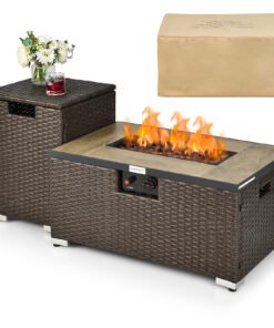 40,000 BTU Propane Rattan Fire Pit Table Set with Side Table Tank and Cover -Brown