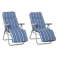 Outsunny Reclining Garden Chair Set of 2, 5-Level Adjustable Zero Gravity Chairs with Cushions, Folding Sun Lounger Garden Recliner Chairs with Armrests for Outdoor, Patio, Blue Stripe