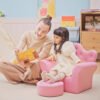 HOMCOM Children Kids Sofa Set Armchair Chair Seat with Free Footstool PU Leather for Girls 58L x 40.5W x 49H cm Pink
