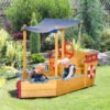 Outsunny Kids Wooden Sandpit, Children Sandbox Pirate Ship, Sandboat Play Station for Outdoor w/ Canopy Shade Storage Bench Bottom Liner