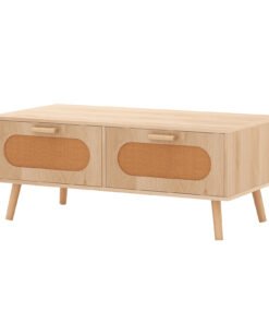 Rattan Coffee Table Mid Century Modern Center Table with 2 Storage Drawers-Natural
