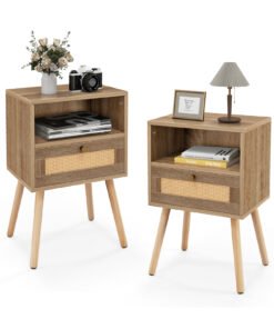 Rattan Nightstand Set of 2 with Rattan Drawer and Open Shelf-Natural