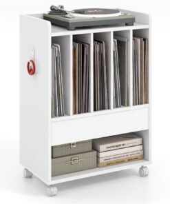Rolling Record Player Stand with Drawer Hook and Lockable Wheels-White