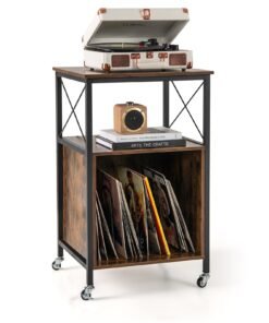 Record Player Stand with Built-in Charging Station-Brown