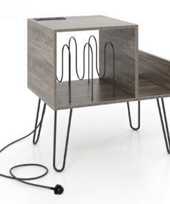 Record Player Stand with Power Outlet and Removable Dividers-Grey