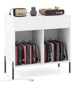 Record Player Stand with Power Outlets and Drawers for Living Room-White