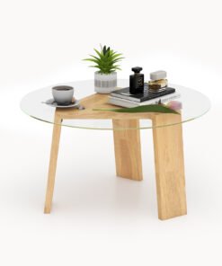 Round Coffee Table with Rubber Wood Tripod Support Frame-Natural