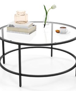 Accent Round Coffee Table with Tempered Glass Tabletop-Black