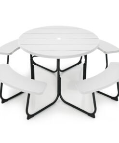 8-person Round Picnic Table Bench Set with 4 Benches and Umbrella Hole-White