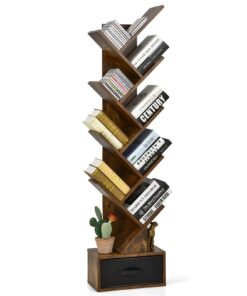 10-Tier Freestanding Tree Bookshelf with Drawer-Rustic Brown
