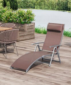 Outsunny Sun Lounger Steel Frame Outdoor Folding Chaise Texteline Lounge Chair Recliner with Headrest & 7 Levels Adjustable Backrest, Brown