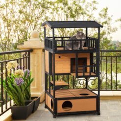 PawHut Wooden Outdoor Cat House, 3-Tier Cat Shelter with Tilted Roof, Terrace, Jump Step, Bottom Tray and Elevated Base, Waterproof Paint, Yellow