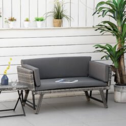 Outsunny 2 Seater Rattan Sofa with Cushions, 2-in-1 PE Rattan Daybed Sofa with Left Up or Down Armrests, Garden Chaise Lounger Loveseat for Outdoor, Patio, Mixed Grey