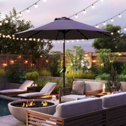 Outsunny 2.7m Patio Garden Umbrella Outdoor Parasol with Tilt Crank and 24 LEDs Lights (Grey)