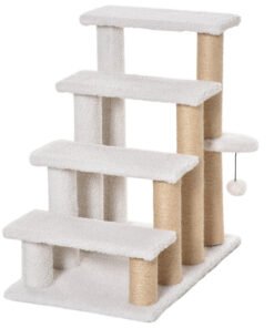 PawHut Pet Stair with 4-step Climb Ladder, Scratching Posts, Platforms, Toy Ball, for Indoor Elderly Cats Kittens, White