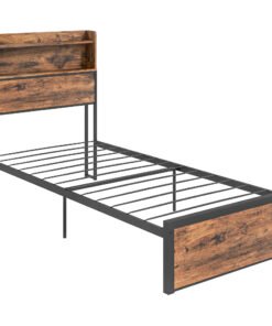 HOMCOM Industrial Single Bed Frame, 3.1FT Steel Bed Base with Storage Headboard, Footboard, Slatted Support and Under Bed Storage, 95 x 209cm, Rustic Brown