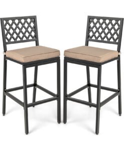 Set of 2 Metal Frame Patio Bar Stools with Detachable Cushion and Footrest-Black