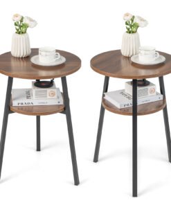 Set of 2 Round End Table 2-Tier Bedside Table with Open Storage Shelf-Walnut