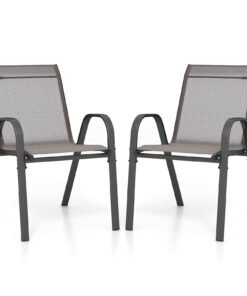 Set of 2 Patio Stackable Metal Dining Chairs with Armrests-Grey