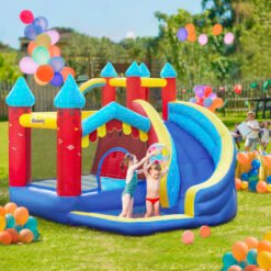 Outsunny Kids Bouncy Castle, with Slide, Pool, Trampoline, Climbing Wall, Blower